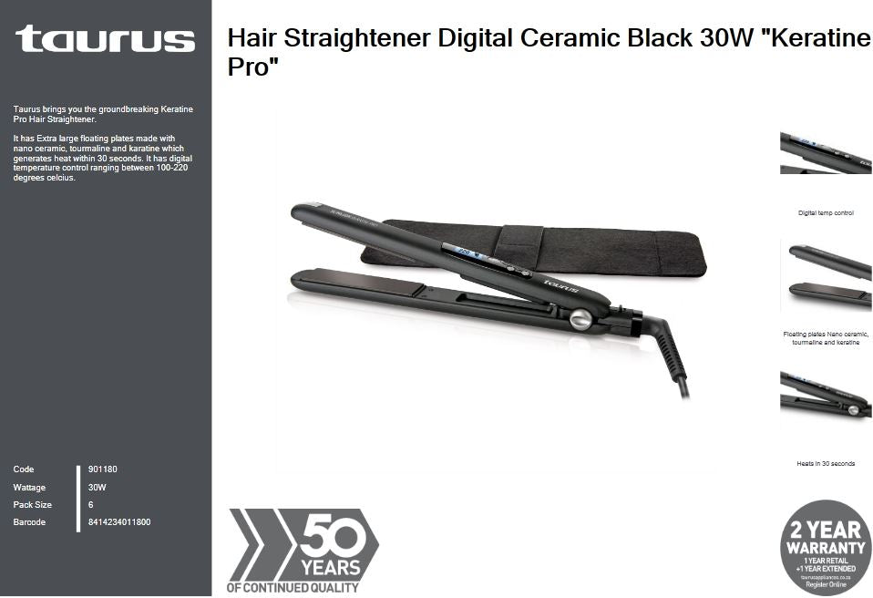 TAURUS HAIR STRAIGHTENER DIGITAL CERAMIC BLACK 30W  KERATINE PRO